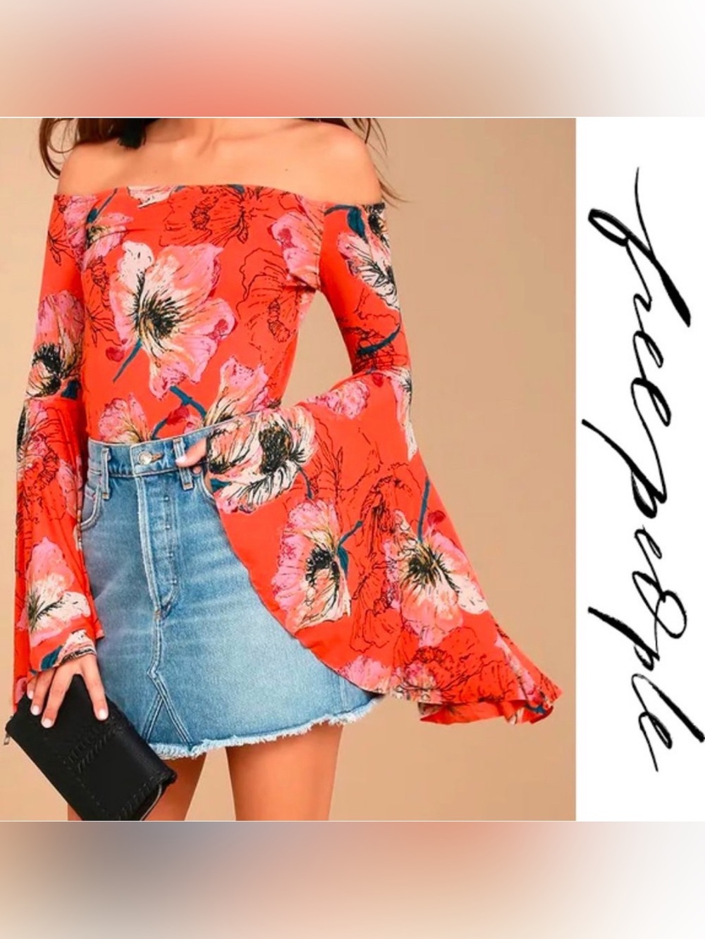 Free People Birds of Paradise Top XS Off Shoulder Bell Sleeve Boho Floral Coral